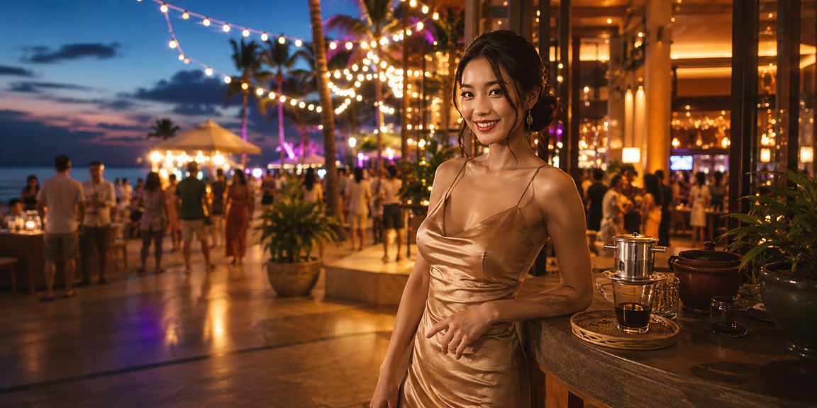 Người dùng tại Phú Quốc uống cà phê và tận hưởng giải trí casino trực tuyến qua điện thoại trong không khí nhẹ nhàng