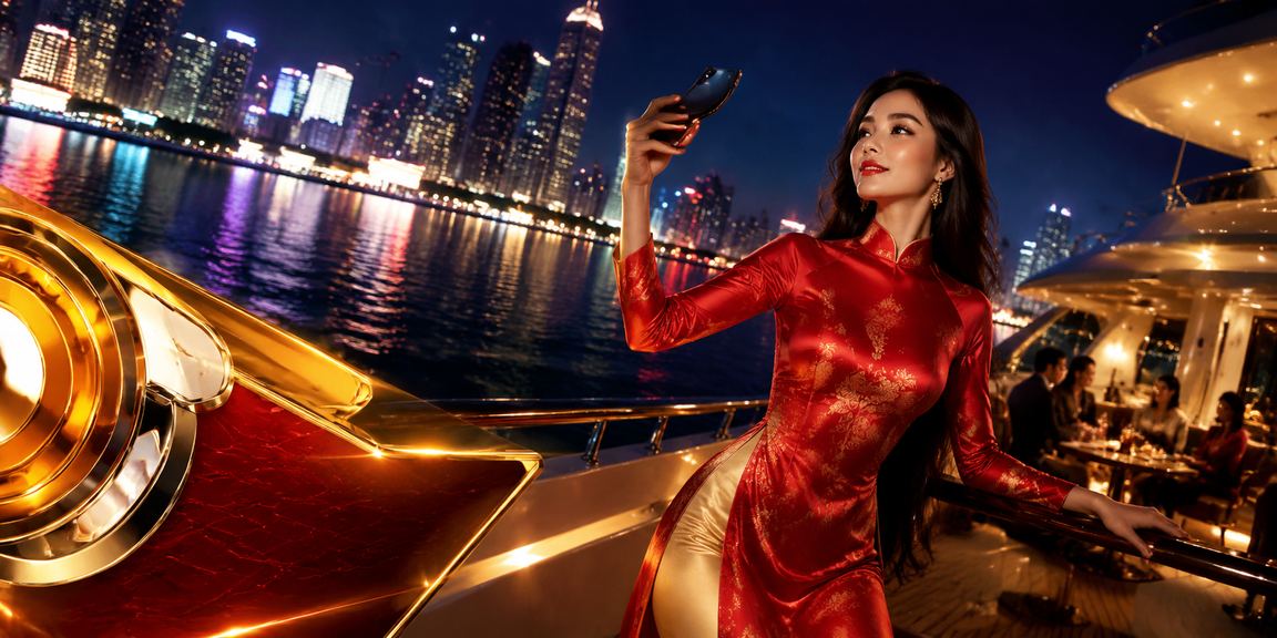 Người dùng tại Quy Nhơn trong trang phục áo dài kiểm tra số dư và nạp tiền qua ứng dụng di động